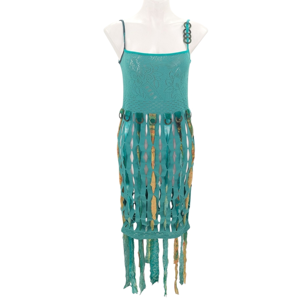 Save The Queen Teal Blue Mermaid Crochet Fringe Dress Medium Boho